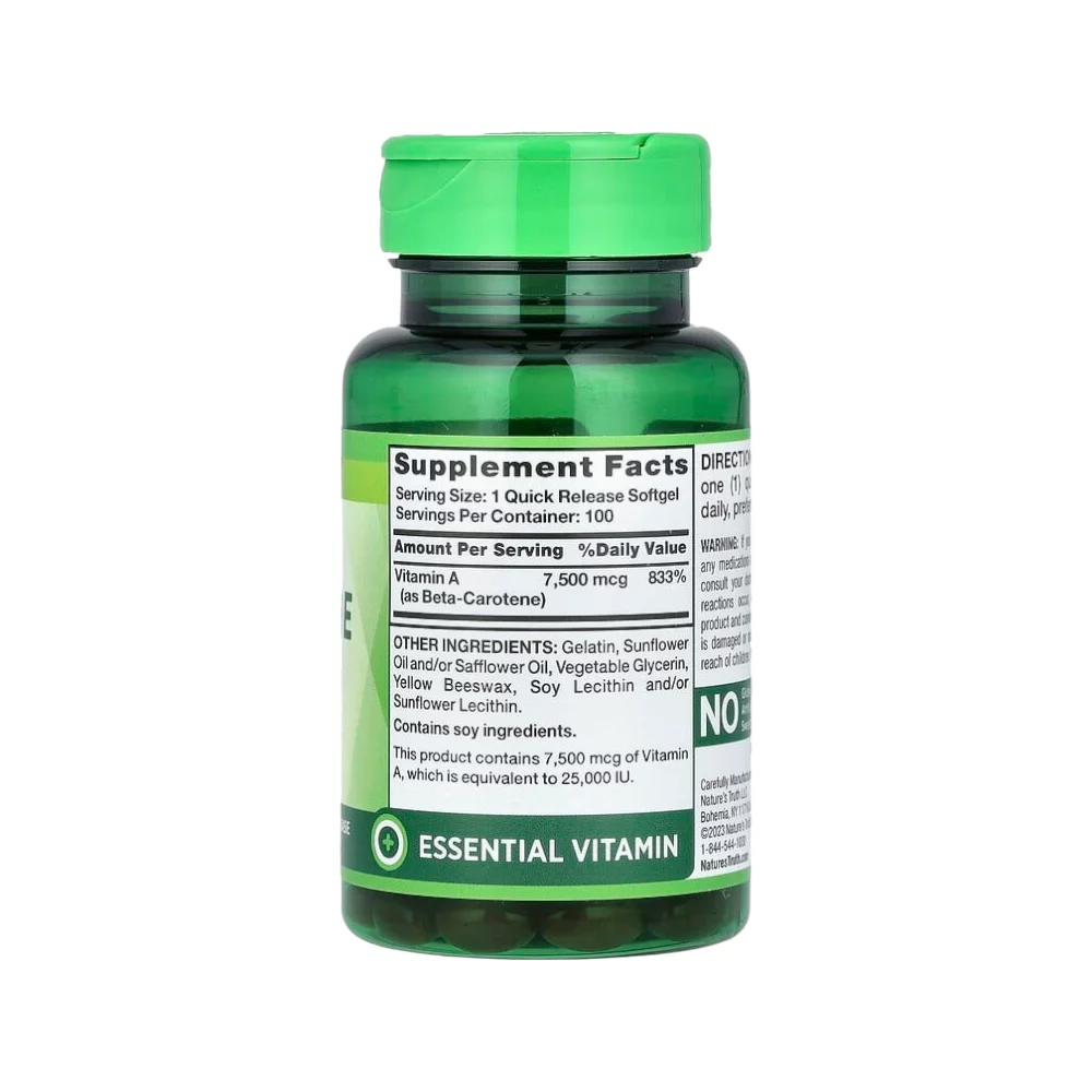 مكمل غذائي فيتامين أ بيتا كاروتين 25000 وحدة دولية من ناتشرز تروث - 100 كبسولة هلامية - الصورة 2